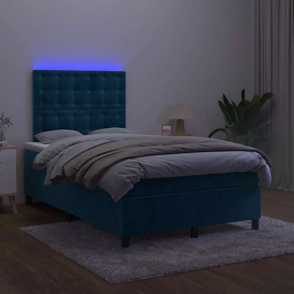 Lova su spyruoklėmis/čiužiniu/LED, mėlyna, 120x200cm, aksomas