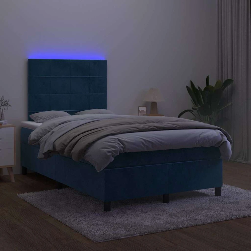 Lova su spyruoklėmis/čiužiniu/LED, mėlyna, 120x190cm, aksomas