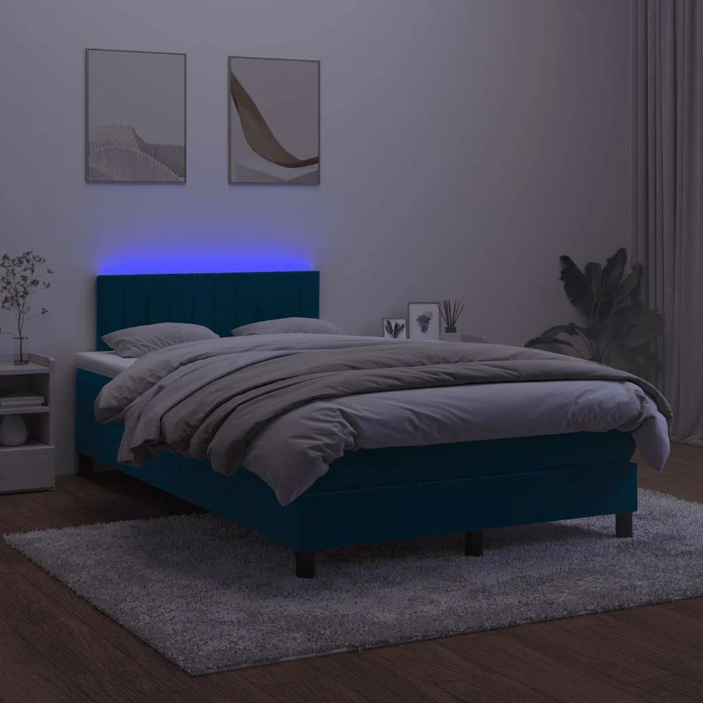 Lova su spyruoklėmis/čiužiniu/LED, mėlyna, 120x200cm, aksomas