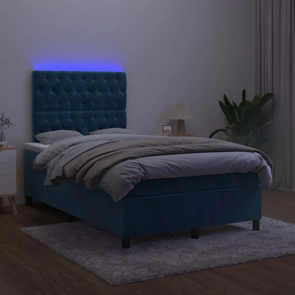 Lova su spyruoklėmis/čiužiniu/LED, mėlyna, 120x190cm, aksomas