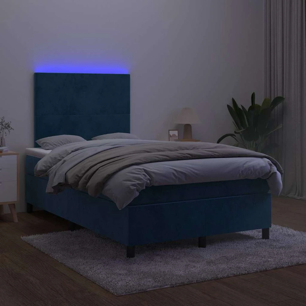 Lova su spyruoklėmis/čiužiniu/LED, mėlyna, 120x190cm, aksomas