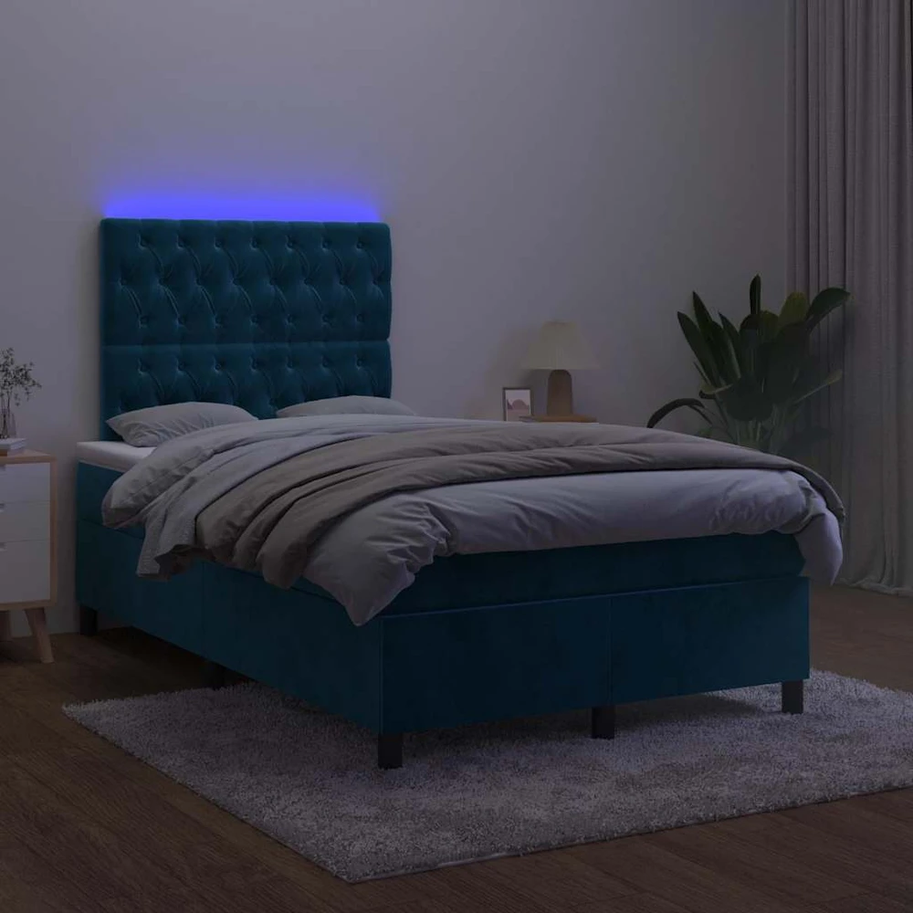 Lova su spyruoklėmis/čiužiniu/LED, mėlyna, 120x200cm, aksomas