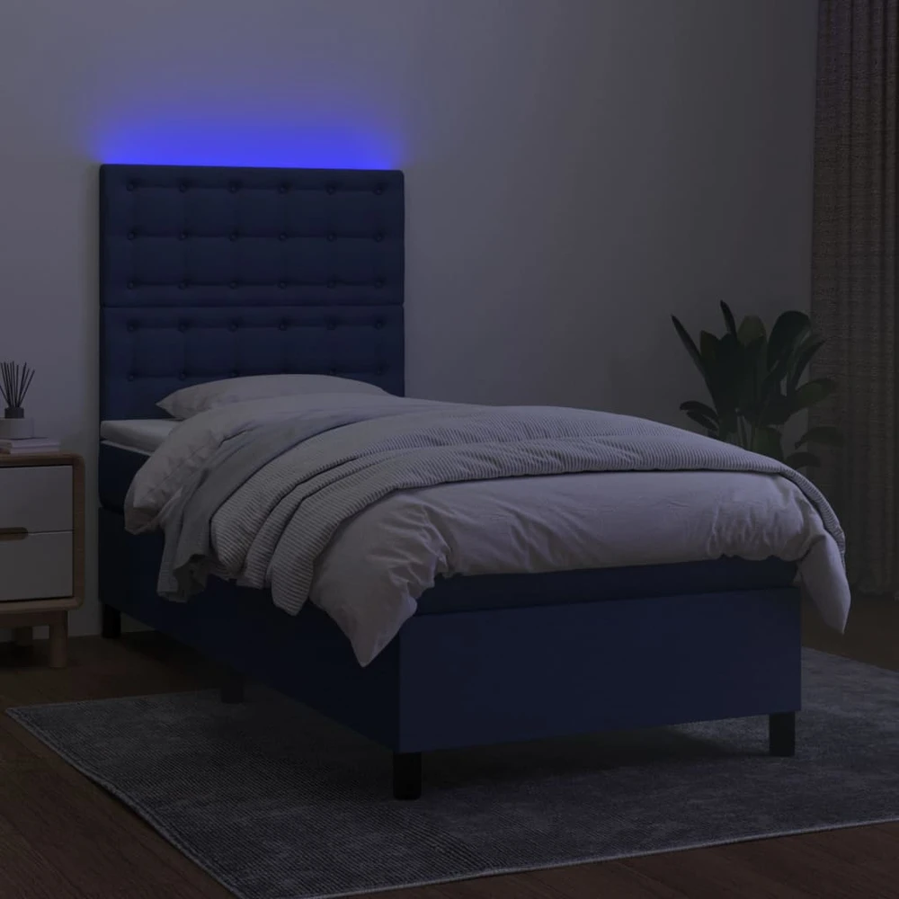 Lova su spyruoklėmis/čiužiniu/LED, mėlyna, 90x200 cm, audinys