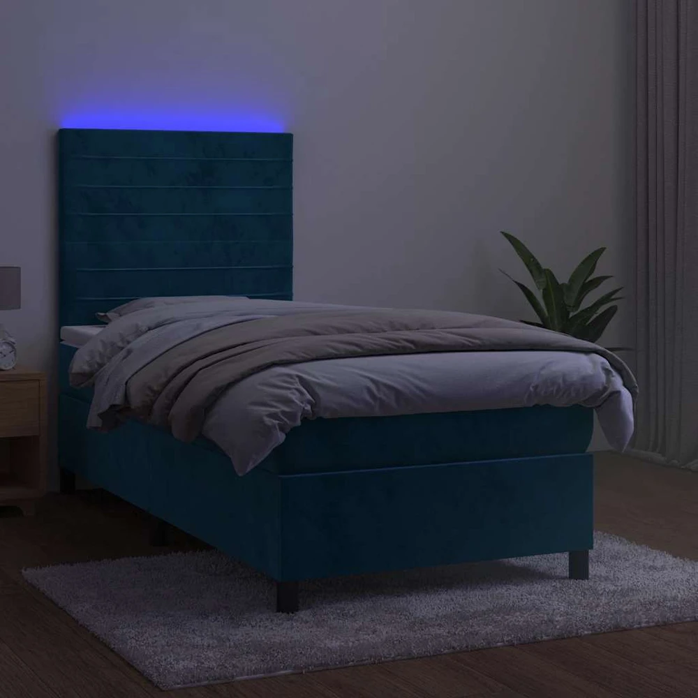 Lova su spyruoklėmis/čiužiniu/LED, mėlyna, 90x190cm, aksomas