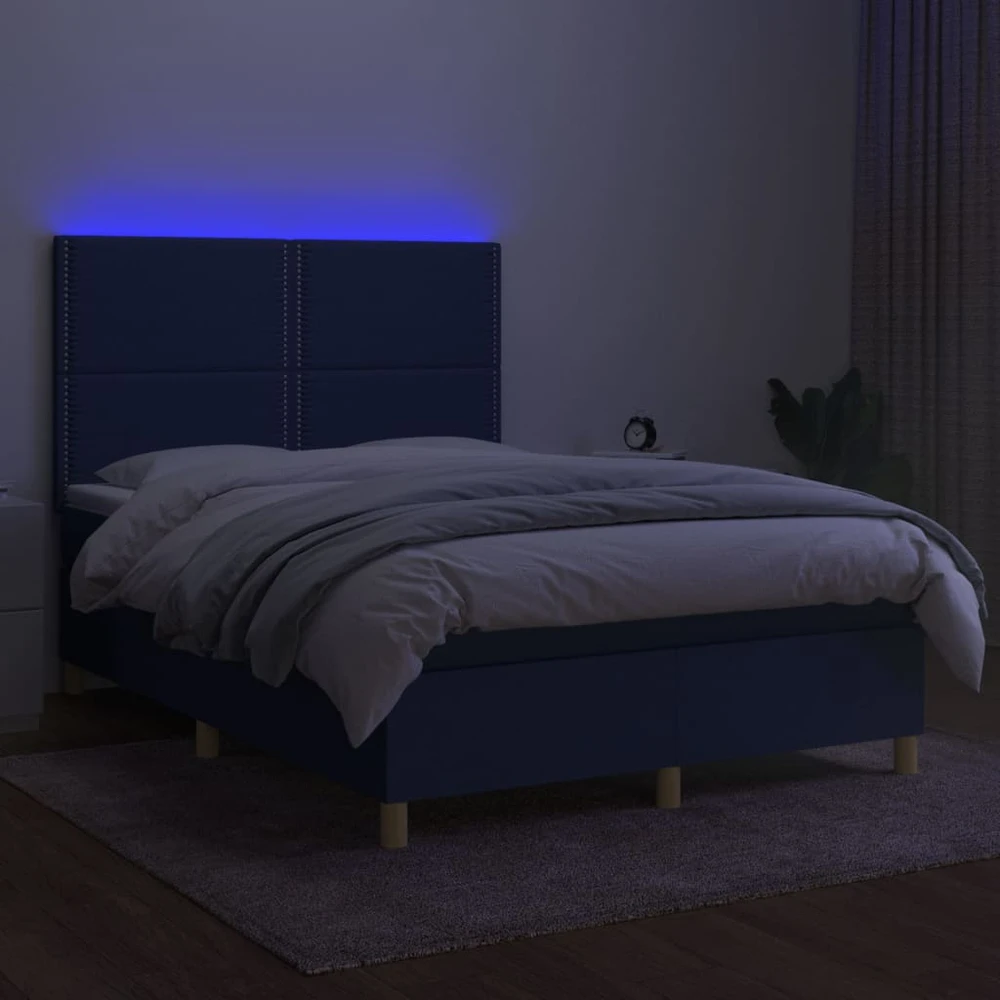 Lova su spyruoklėmis/čiužiniu/LED, mėlyna, 140x190 cm, audinys