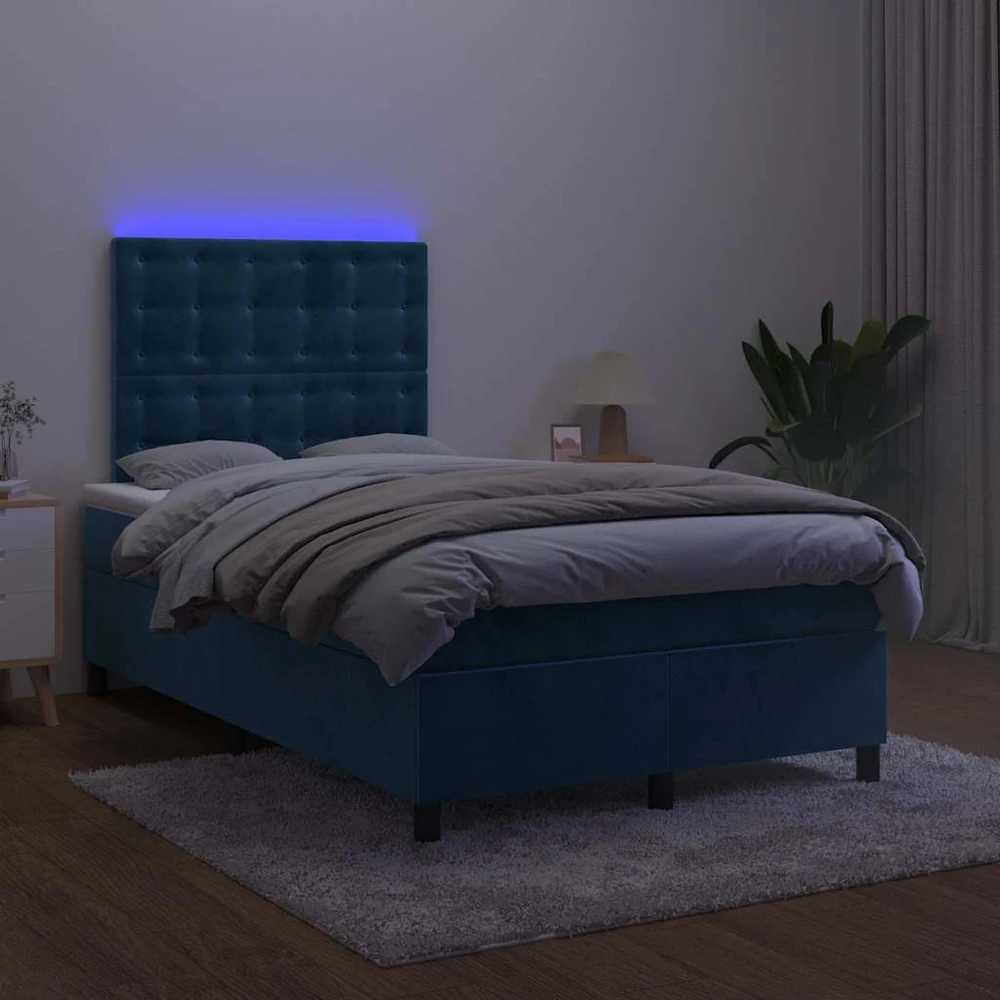 Lova su spyruoklėmis/čiužiniu/LED, mėlyna, 120x190cm, aksomas