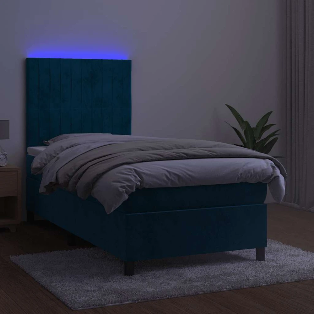 Lova su spyruoklėmis/čiužiniu/LED, mėlyna, 80x200cm, aksomas