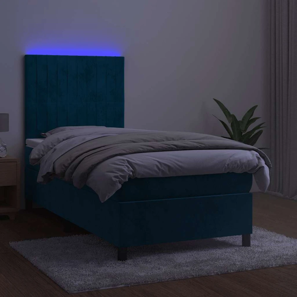 Lova su spyruoklėmis/čiužiniu/LED, mėlyna, 100x200cm, aksomas