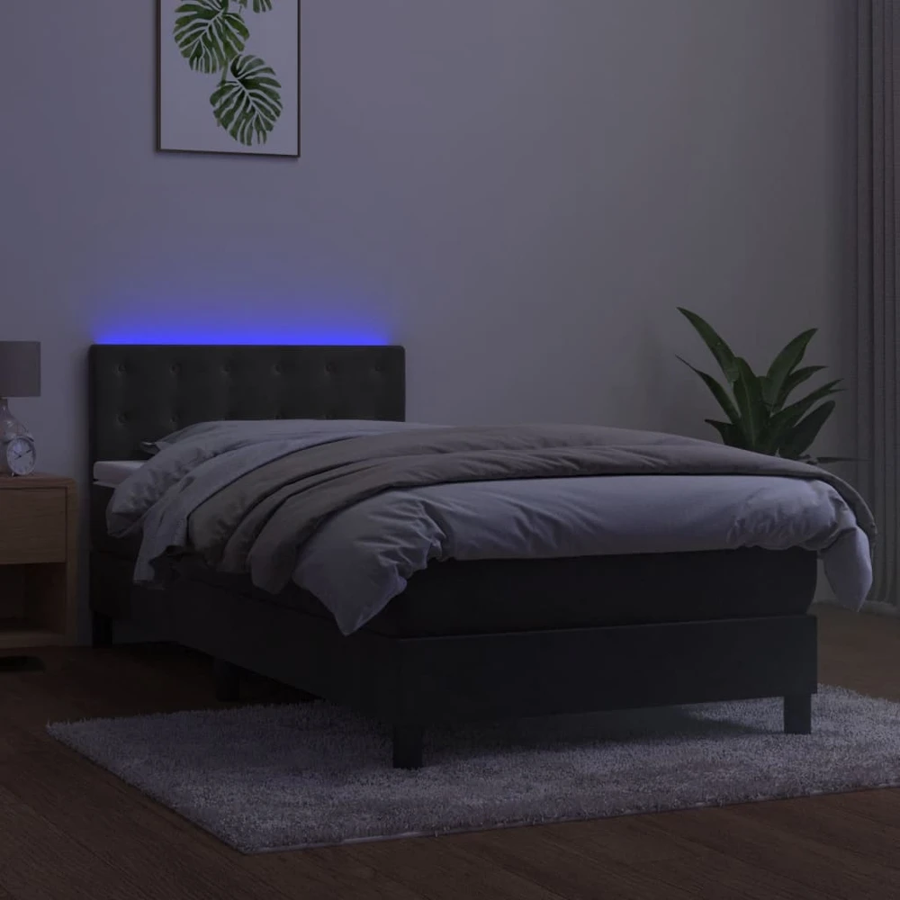 Lova su spyruoklėmis/čiužiniu/LED, pilka, 90x200cm, aksomas