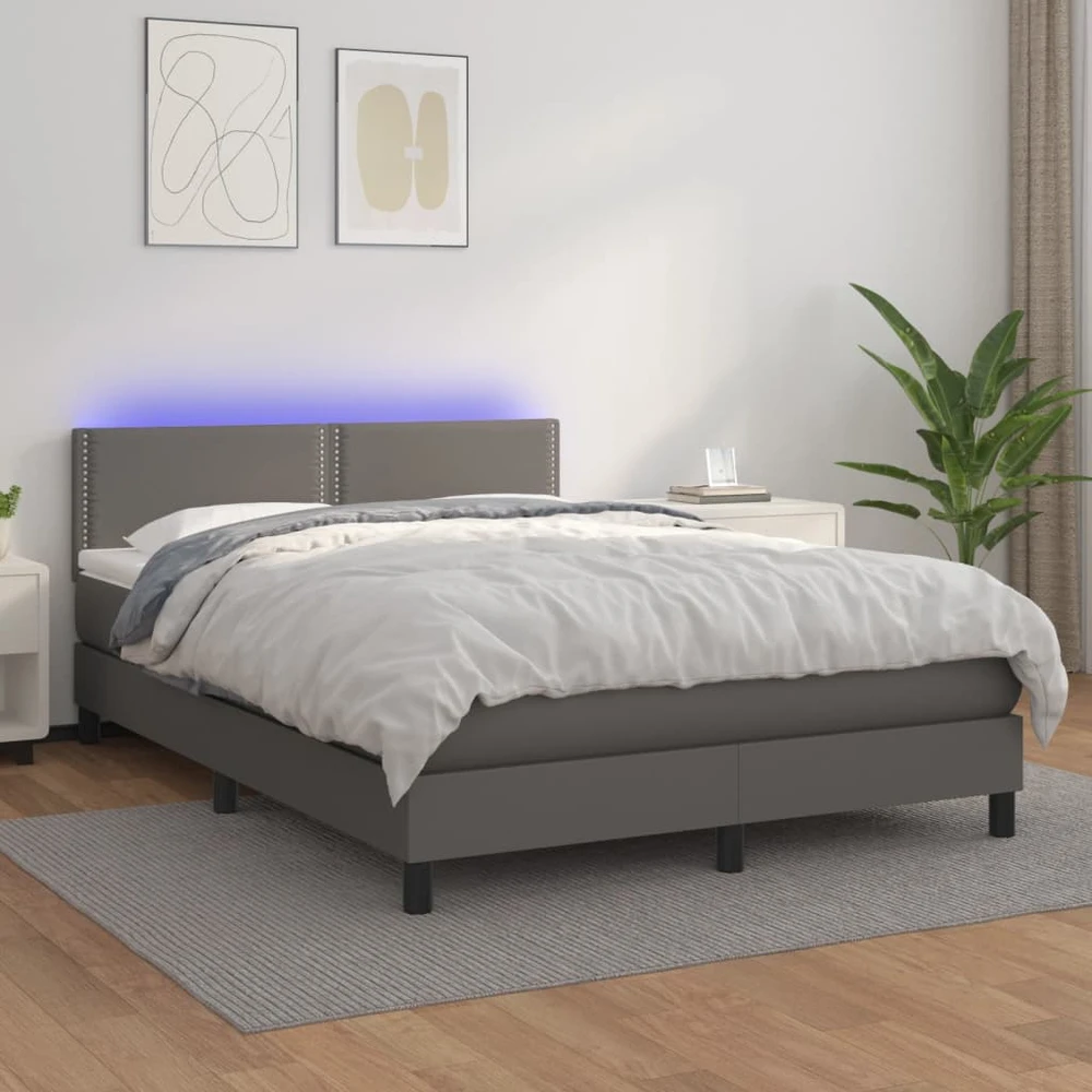 Lova su spyruoklėmis/čiužiniu/LED, pilka 140x200cm dirbtinė oda