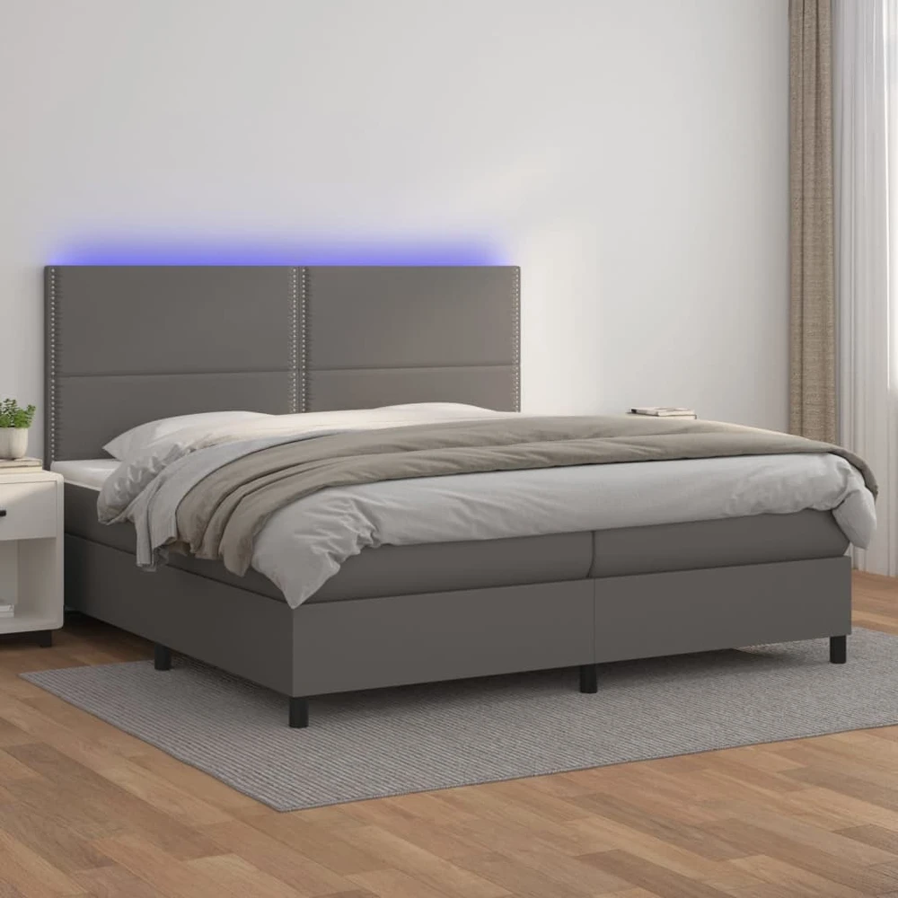 Lova su spyruoklėmis/čiužiniu/LED, pilka 200x200cm dirbtinė oda