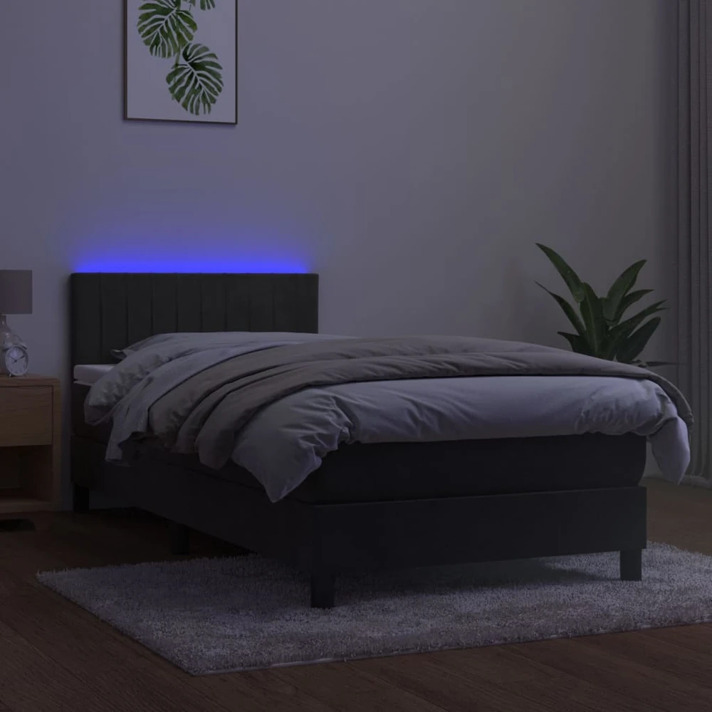 Lova su spyruoklėmis/čiužiniu/LED, pilka, 90x190cm, aksomas