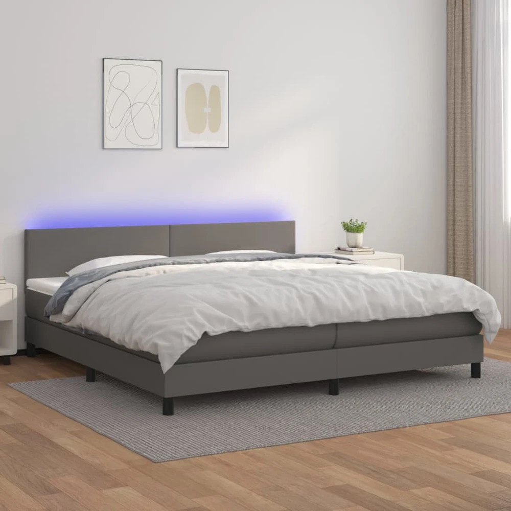 Lova su spyruoklėmis/čiužiniu/LED, pilka 200x200cm dirbtinė oda