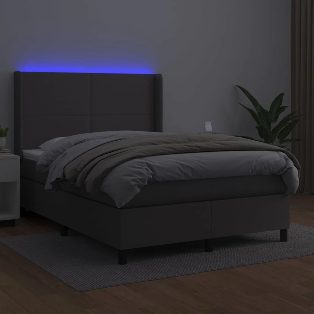 Lova su spyruoklėmis/čiužiniu/LED, pilka 140x200cm dirbtinė oda