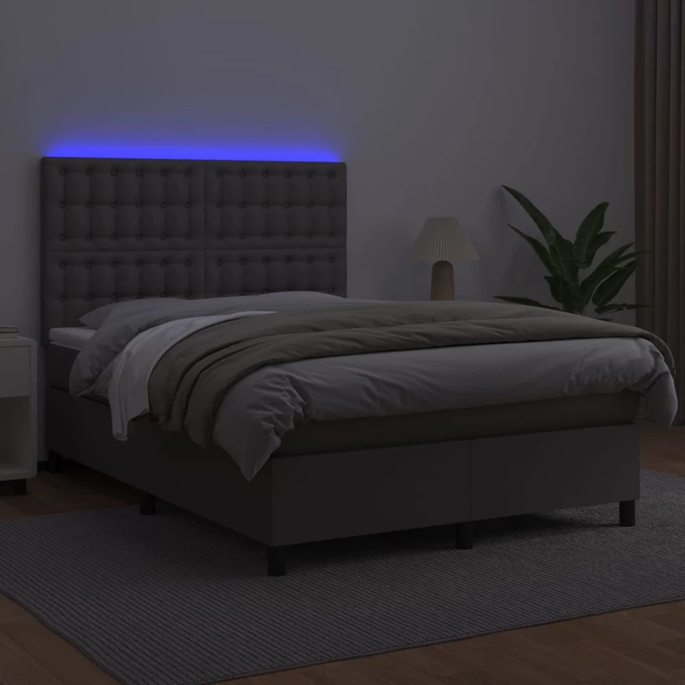 Lova su spyruoklėmis/čiužiniu/LED, pilka 140x200cm dirbtinė oda