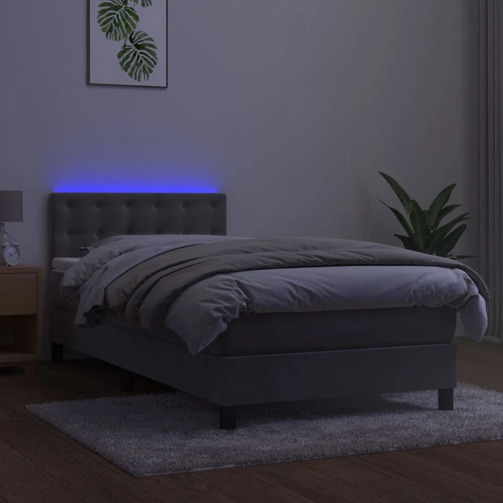 Lova su spyruoklėmis/čiužiniu/LED, pilka, 90x190cm, aksomas