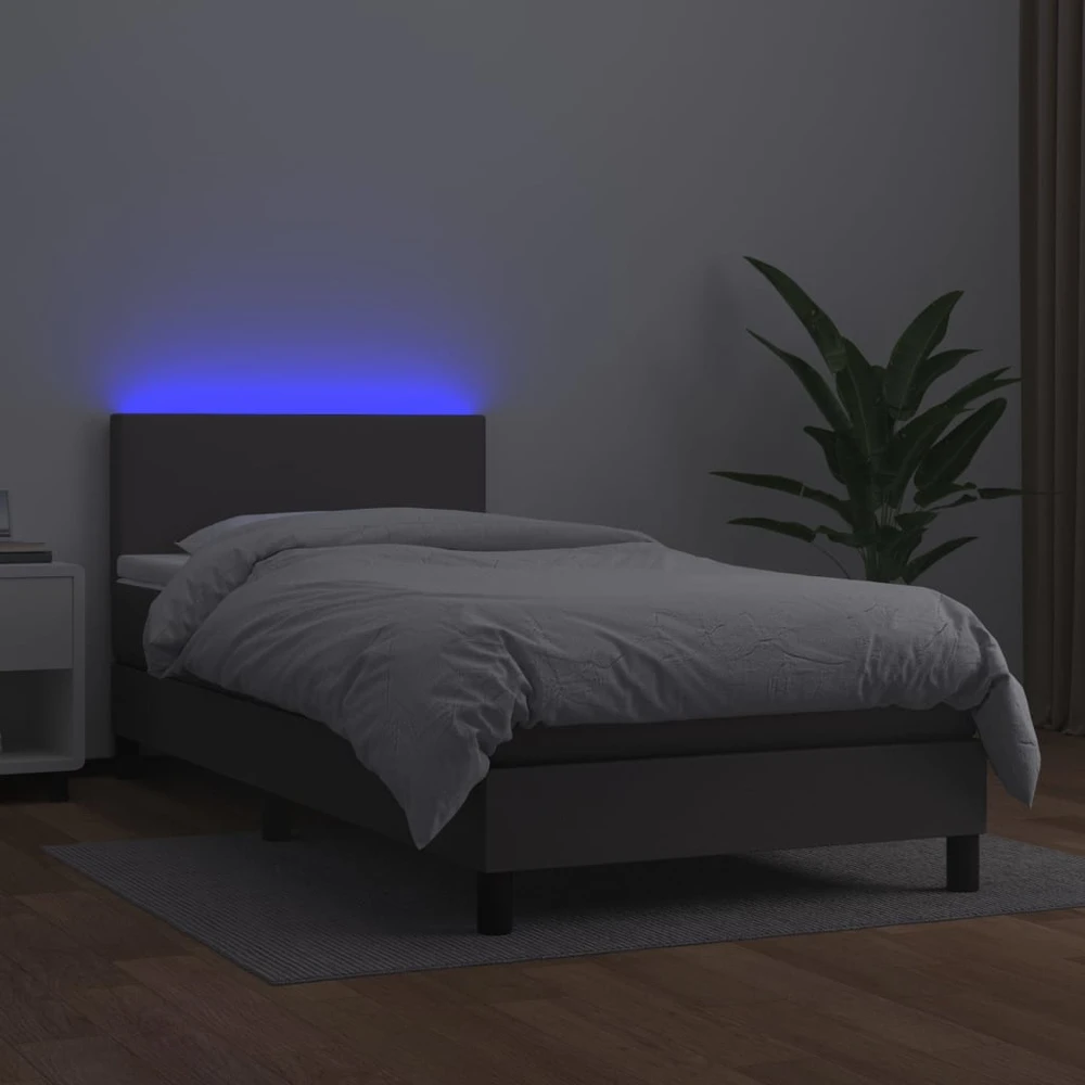 Lova su spyruoklėmis/čiužiniu/LED, pilka, 90x190cm dirbtinė oda