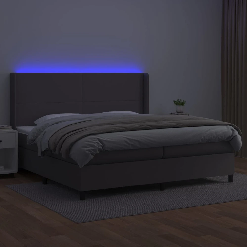 Lova su spyruoklėmis/čiužiniu/LED, pilka 200x200cm dirbtinė oda
