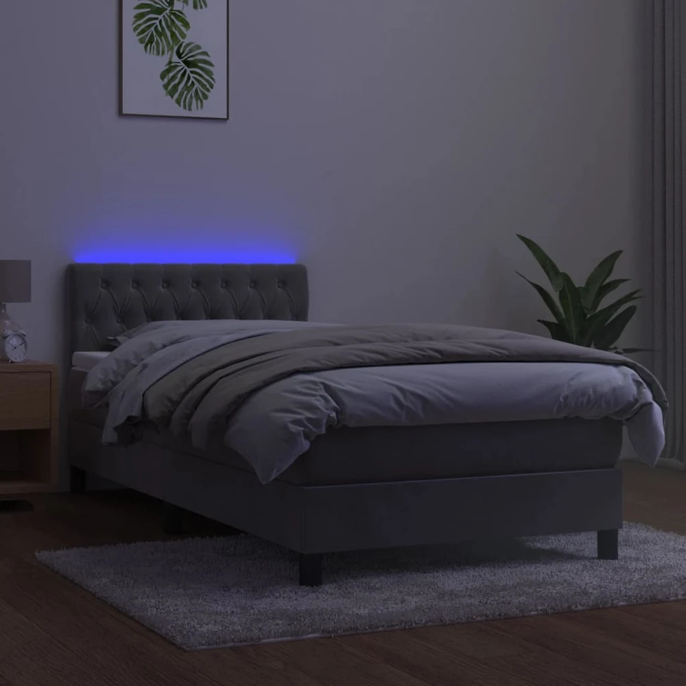 Lova su spyruoklėmis/čiužiniu/LED, pilka, 90x200cm, aksomas