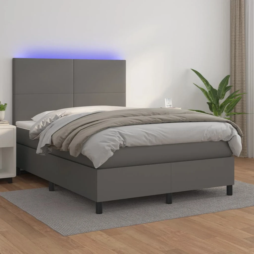 Lova su spyruoklėmis/čiužiniu/LED, pilka 140x190cm dirbtinė oda