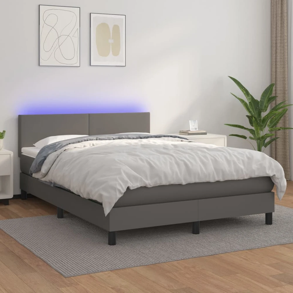 Lova su spyruoklėmis/čiužiniu/LED, pilka 140x200cm dirbtinė oda