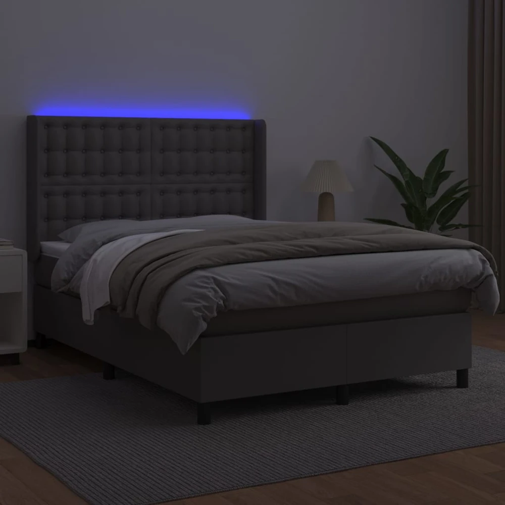 Lova su spyruoklėmis/čiužiniu/LED, pilka 140x190cm dirbtinė oda