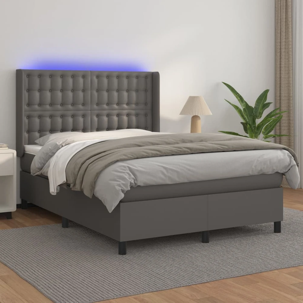 Lova su spyruoklėmis/čiužiniu/LED, pilka 140x190cm dirbtinė oda