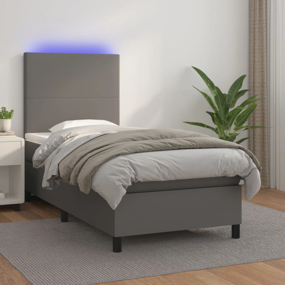 Lova su spyruoklėmis/čiužiniu/LED, pilka 100x200cm dirbtinė oda