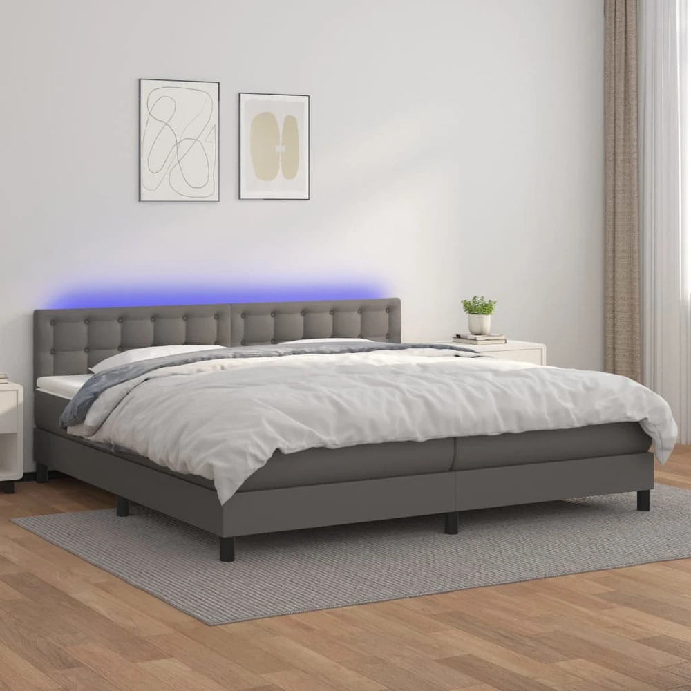 Lova su spyruoklėmis/čiužiniu/LED, pilka 200x200cm dirbtinė oda