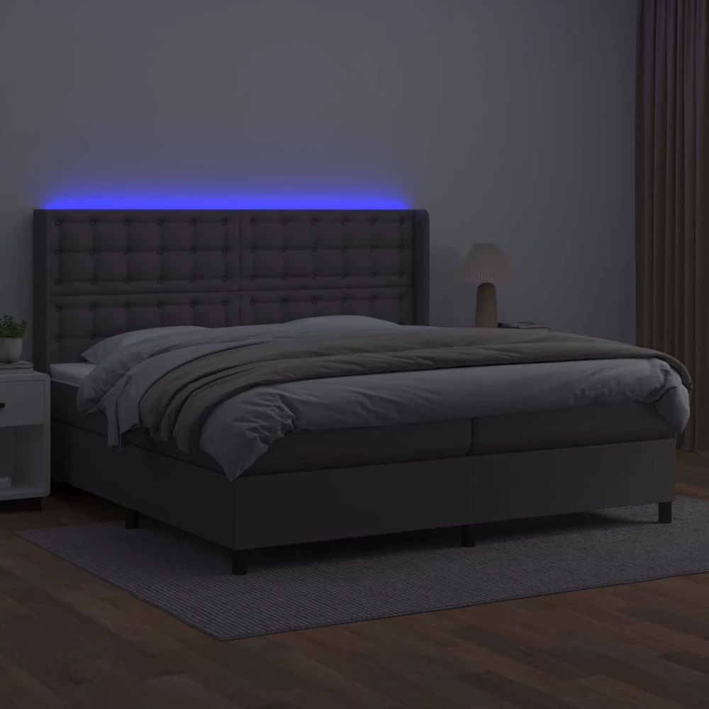 Lova su spyruoklėmis/čiužiniu/LED, pilka 200x200cm dirbtinė oda