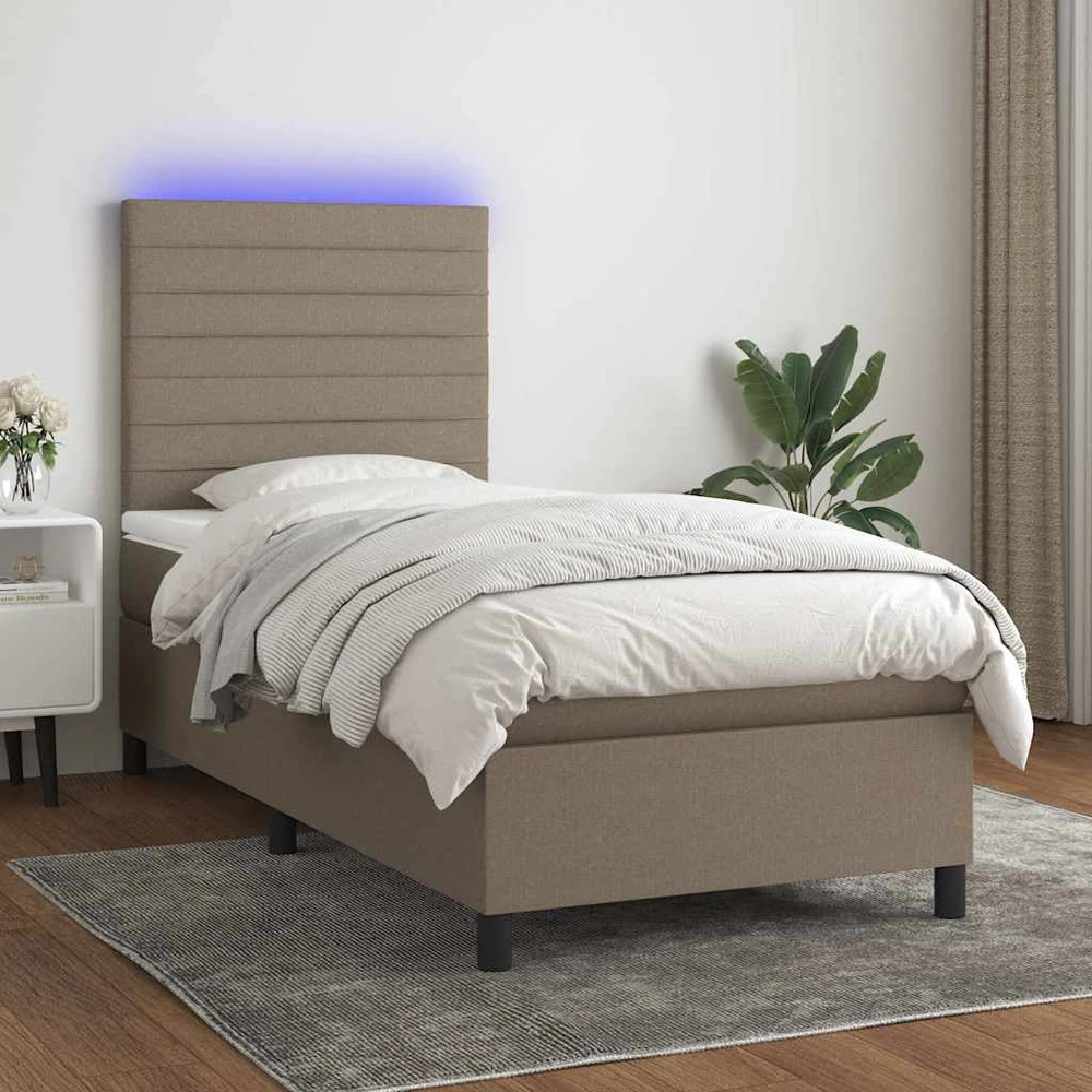 Lova su spyruoklėmis/čiužiniu/LED, taupe, 90x190 cm, audinys