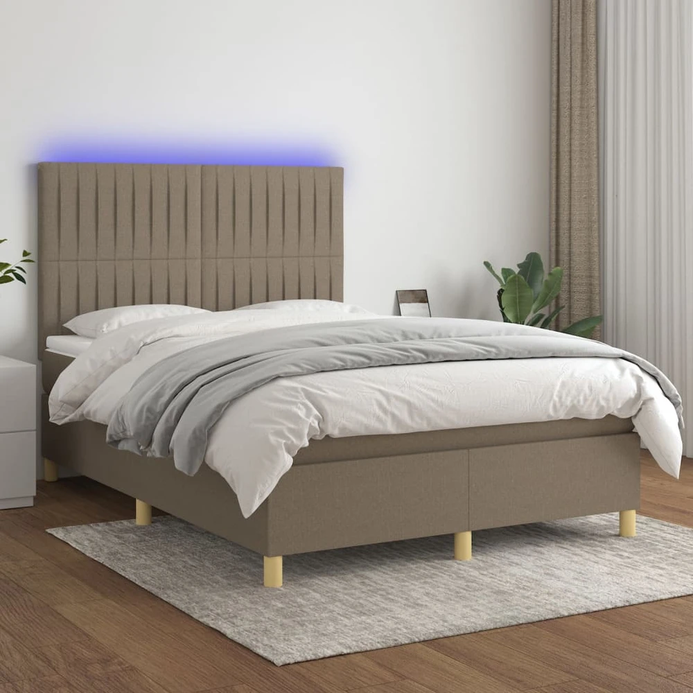 Lova su spyruoklėmis/čiužiniu/LED, taupe, 140x190 cm, audinys