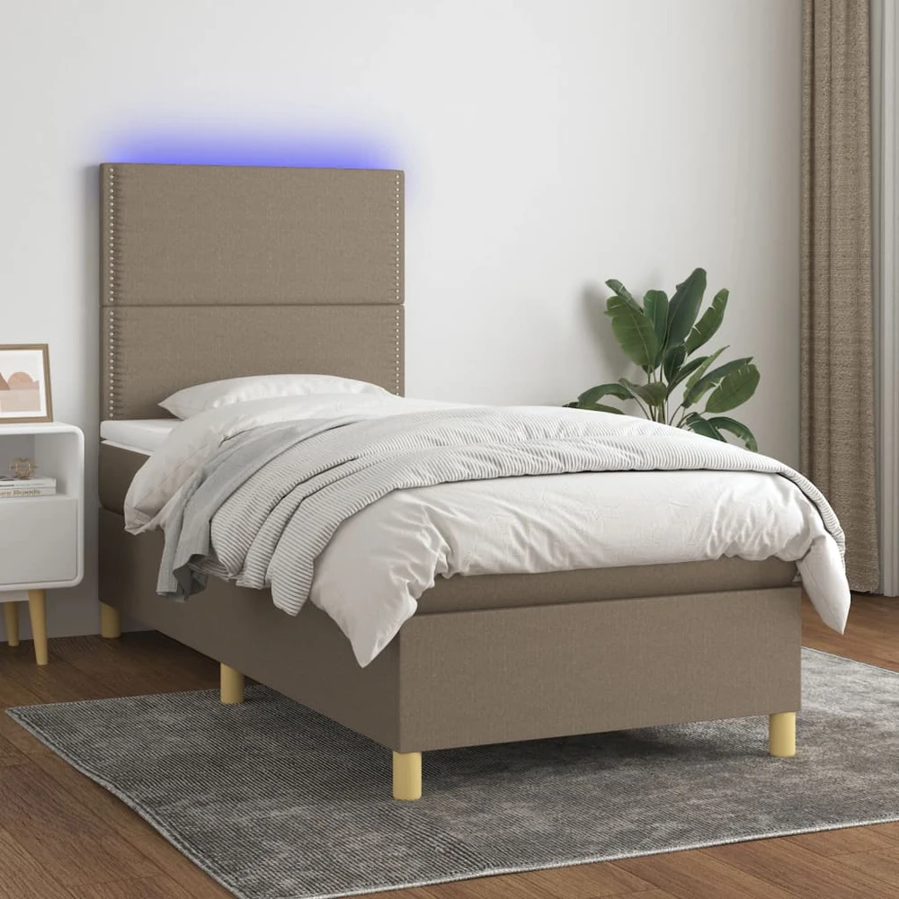 Lova su spyruoklėmis/čiužiniu/LED, taupe, 90x190 cm, audinys