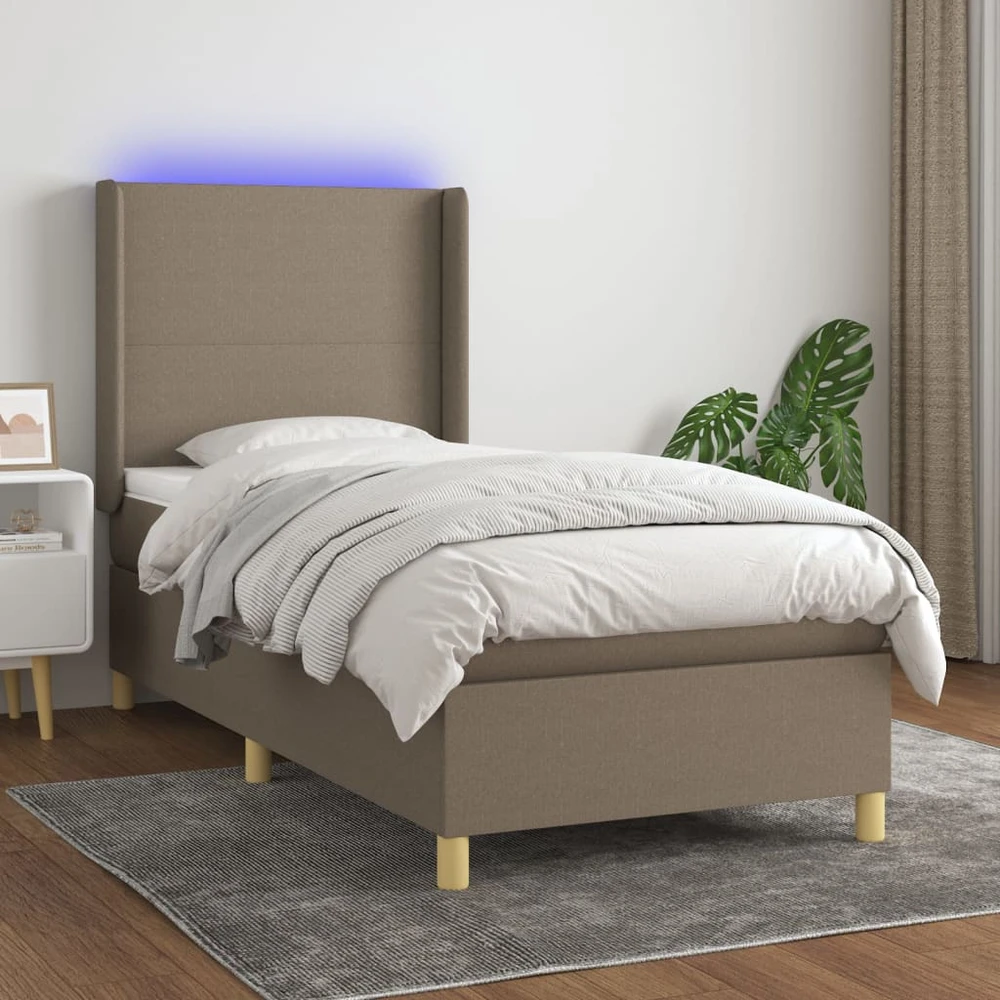 Lova su spyruoklėmis/čiužiniu/LED, taupe, 90x190 cm, audinys