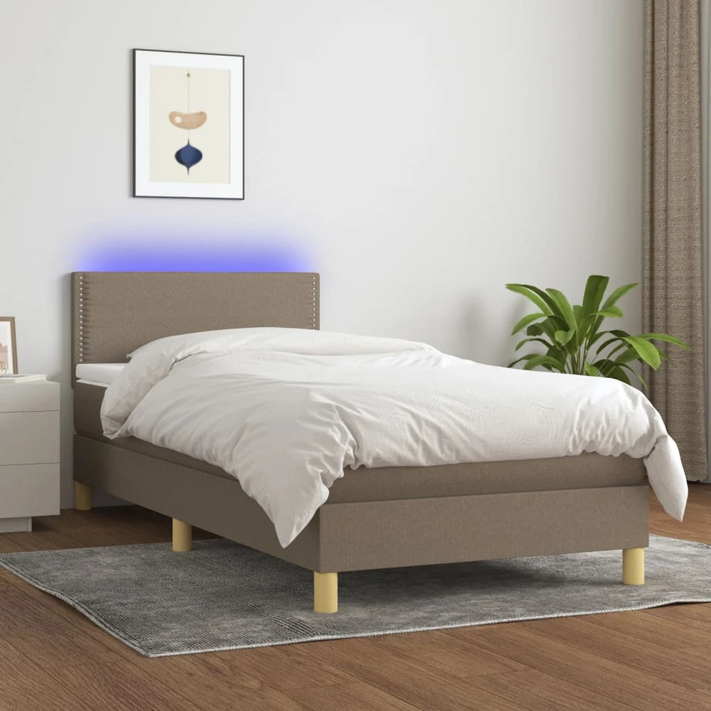 Lova su spyruoklėmis/čiužiniu/LED, taupe, 90x190 cm, audinys