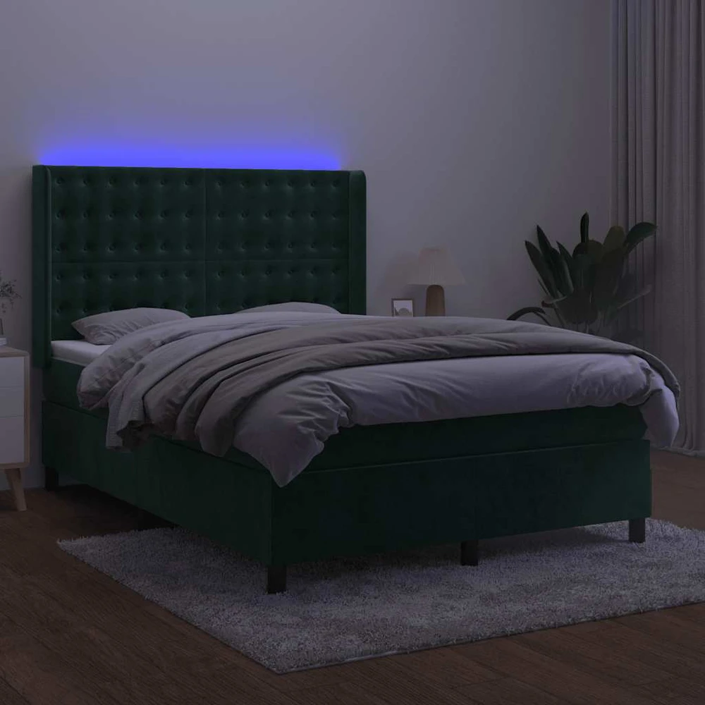 Lova su spyruoklėmis/čiužiniu/LED, žalia, 140x190cm, aksomas