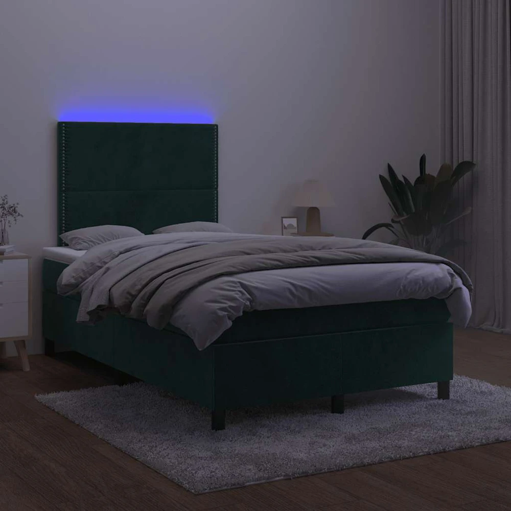 Lova su spyruoklėmis/čiužiniu/LED, žalia, 120x200cm, aksomas