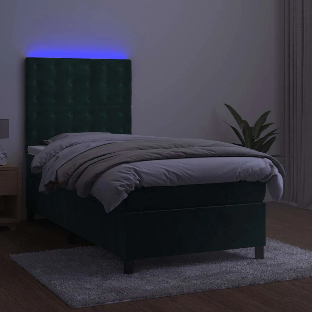 Lova su spyruoklėmis/čiužiniu/LED, žalia, 90x190cm, aksomas