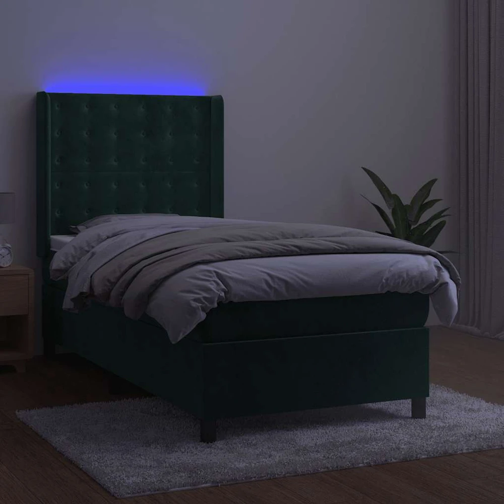 Lova su spyruoklėmis/čiužiniu/LED, žalia, 90x200cm, aksomas