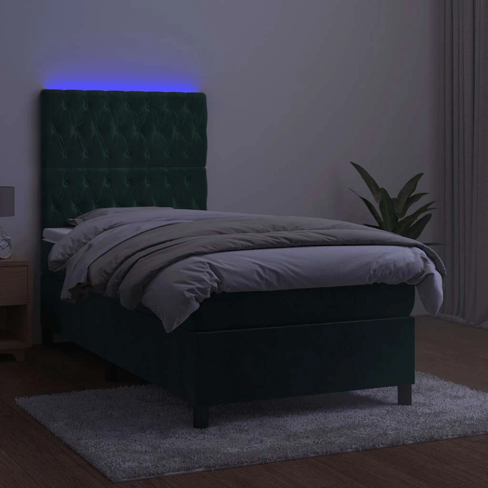Lova su spyruoklėmis/čiužiniu/LED, žalia, 90x200cm, aksomas