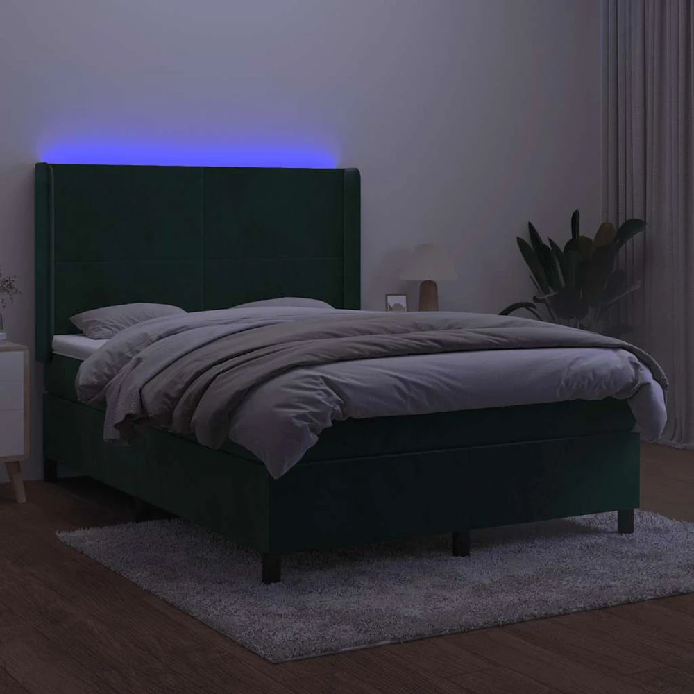 Lova su spyruoklėmis/čiužiniu/LED, žalia, 140x190cm, aksomas