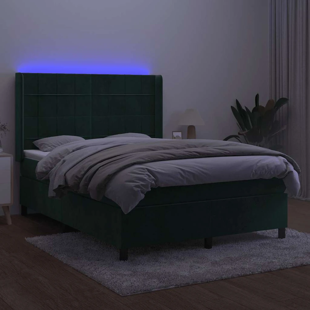 Lova su spyruoklėmis/čiužiniu/LED, žalia, 140x190cm, aksomas