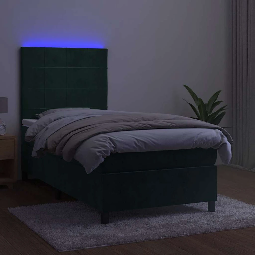 Lova su spyruoklėmis/čiužiniu/LED, žalia, 80x200cm, aksomas