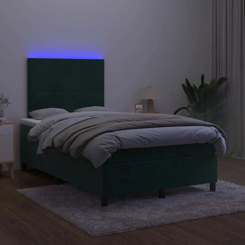 Lova su spyruoklėmis/čiužiniu/LED, žalia, 120x200cm, aksomas