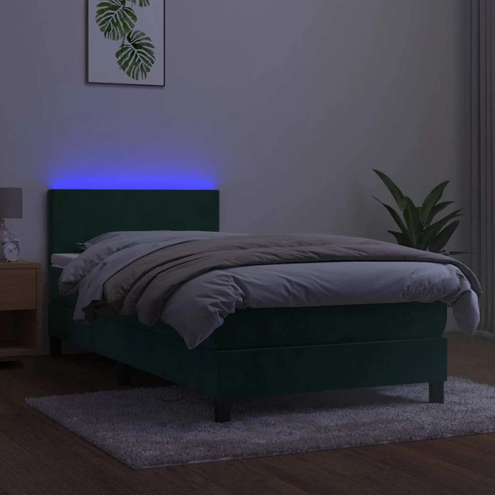 Lova su spyruoklėmis/čiužiniu/LED, žalia, 100x200cm, aksomas