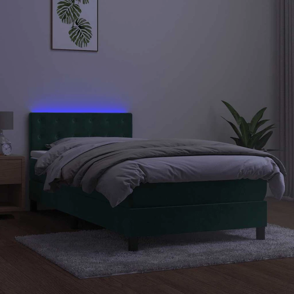 Lova su spyruoklėmis/čiužiniu/LED, žalia, 90x190cm, aksomas