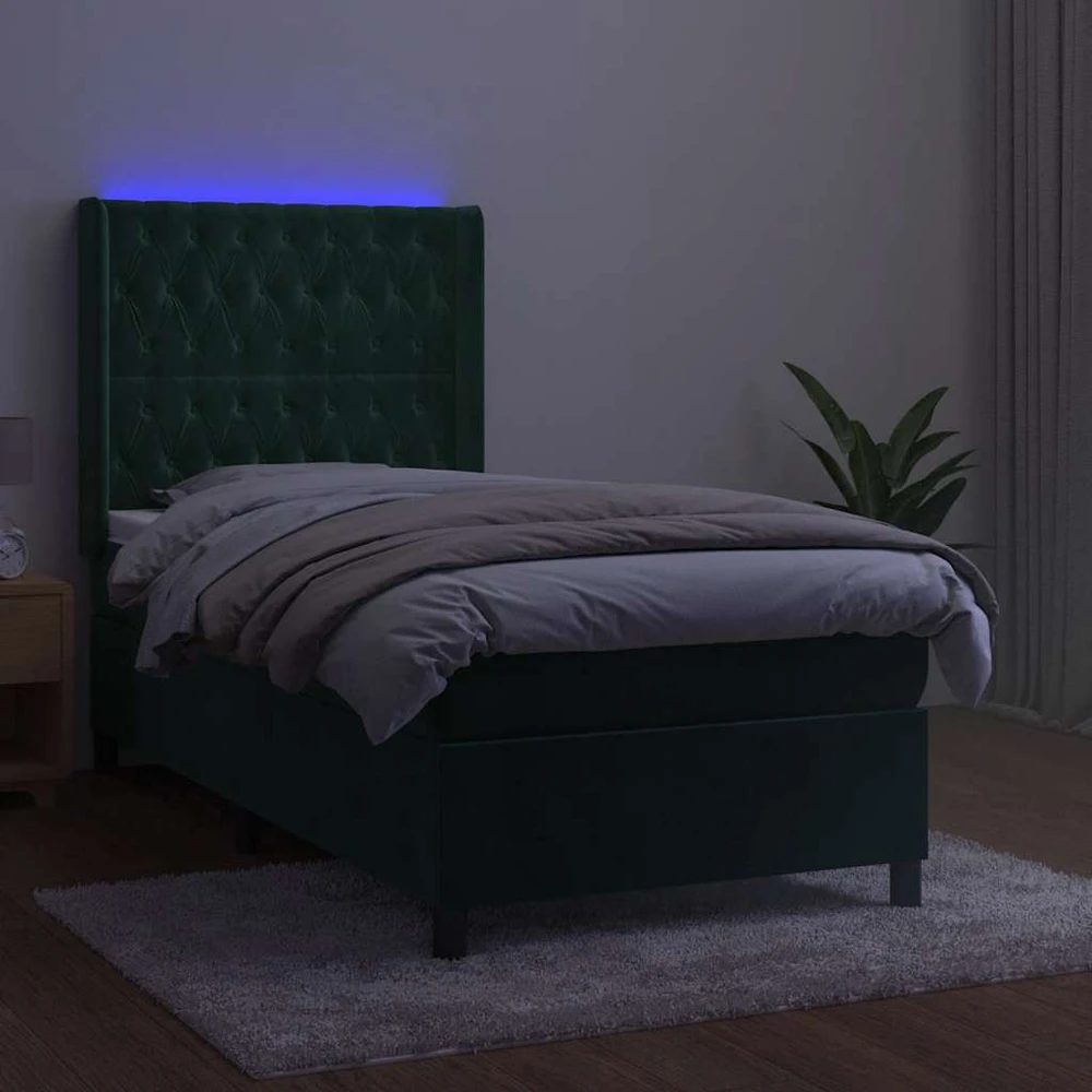 Lova su spyruoklėmis/čiužiniu/LED, žalia, 100x200cm, aksomas