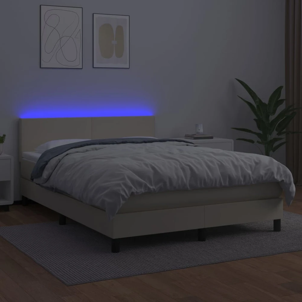 Lova su spyruoklėmis ir čiužiniu/LED, kreminė, 140x190 cm