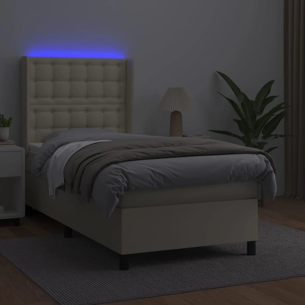 Lova su spyruoklėmis ir čiužiniu/LED, kreminė, 90x200 cm