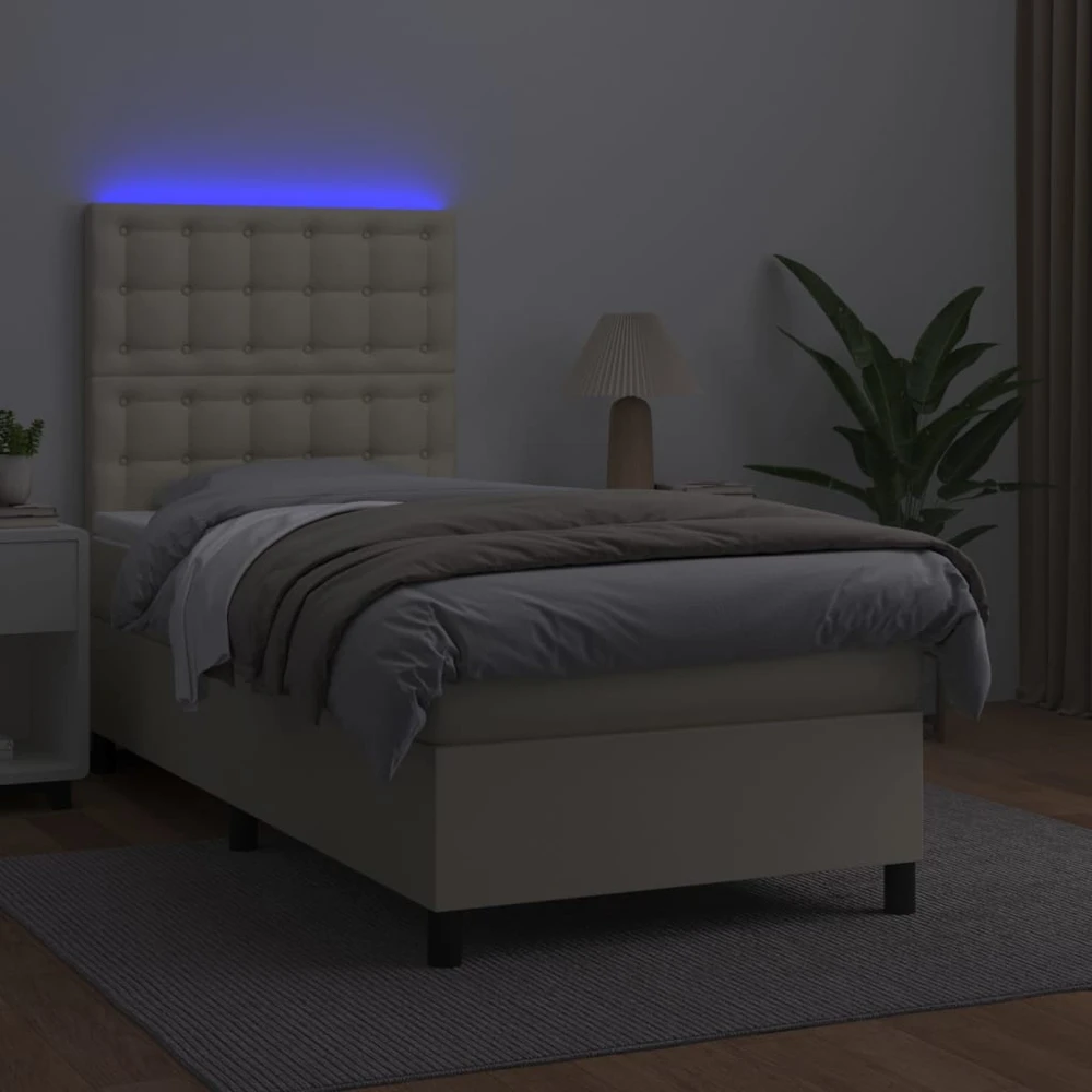 Lova su spyruoklėmis ir čiužiniu/LED, kreminė, 90x200 cm